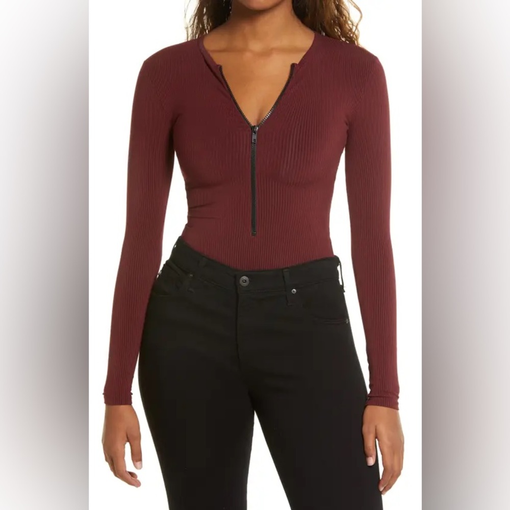 Naked Wardrobe Snatched Zip Front Long Sleeve Ribbed Bodysuit NWOT